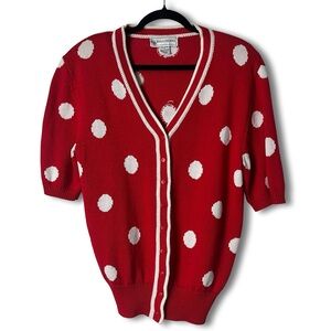 Evan Picone Vintage Red Polka Dot Knit Cardigan Sweater Shirt Sleeve - Sz S